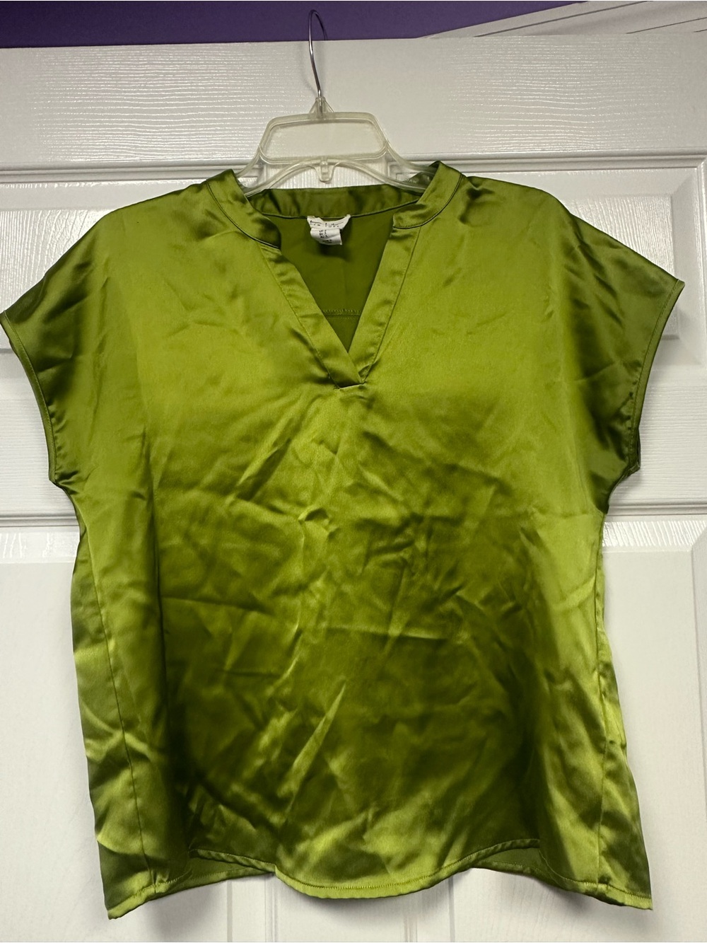 Olive Green V-Neck Satin Blouse